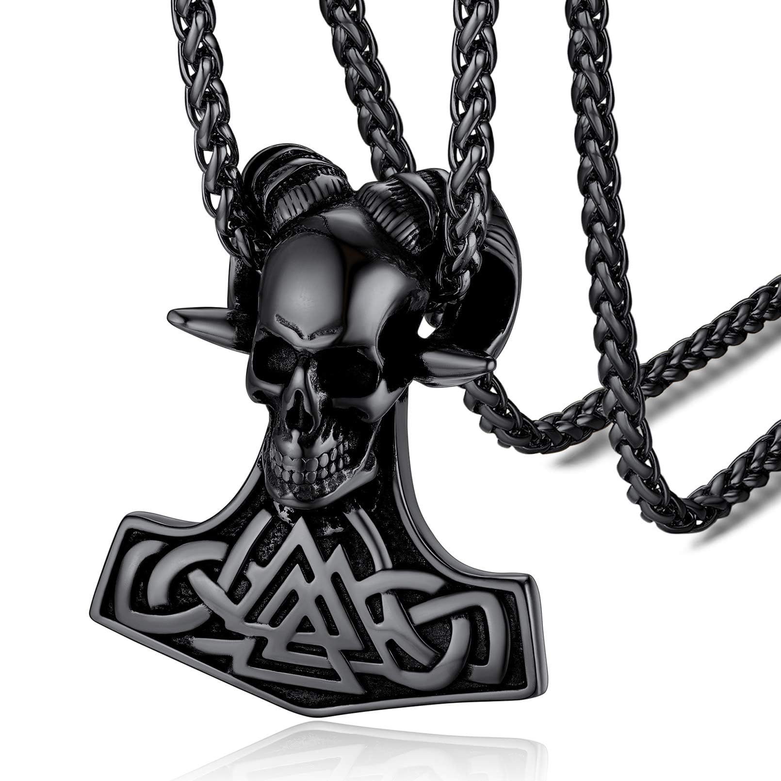 FaithHeart Men's Viking Necklace Black Skull Pendant Norse Mjolnir Jewelry Stainless Steel Nordic Symbol Protection Amulet Chain 55cm+5cm