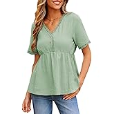 Dokotoo Womens Short Sleeve Babydoll Tops Lace Trim V Neck Cotton Tunic Shirts for Women 2026 Summer Ruffled Hem Blouses