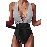 Lilosy Sexy Tie Criss Cross Plunge One Piece Thong Swimsuit High Cut Brazilian Bathing Suit
