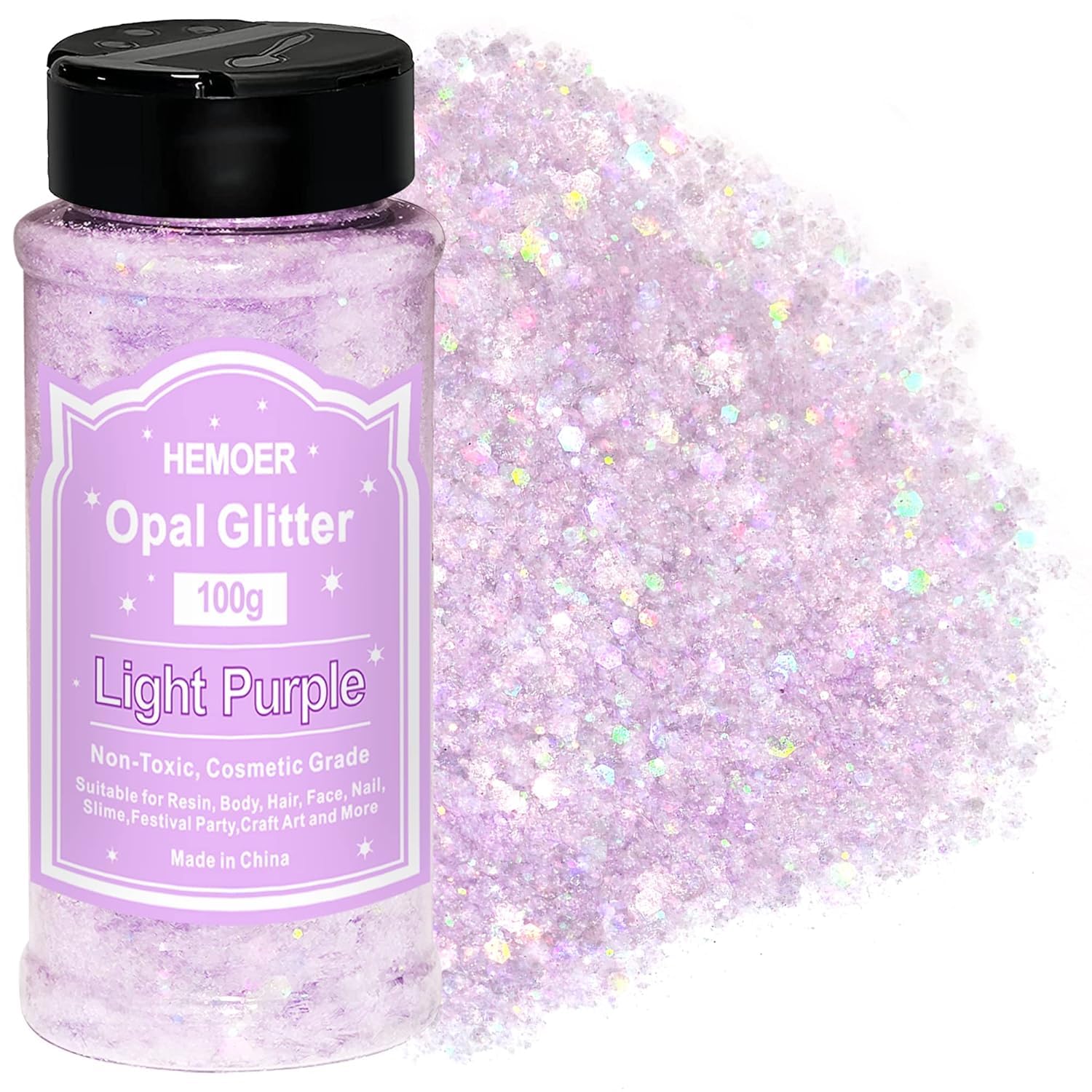 HEMOER Light Purple Opal Glitter 100g/3.5oz, Cosmetic Mixed Hexagon Chunky & Fine Craft Glitter Resin Sequins for Epoxy Glass, Resin Art, Body, Hair, Face, Nail, Tumbler, Festival Party
