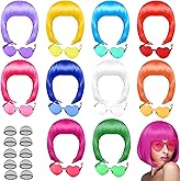 PLULON 10 Pcs Colorful Bob Wigs with Heart Plastic Sunglasses Hair Cap for Women, Costume Colorful Cosplay Wig Daily Party Hairpieces for Bachelorette Neon Party Favors, Halloween Decorations