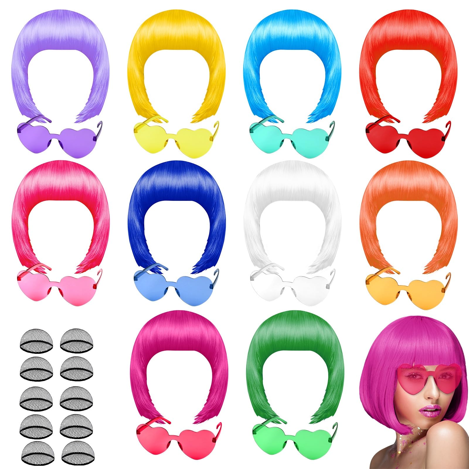 PLULON 10 Pieces Party Wigs and Sunglass Set, Neon Short Bob Wig Sunglass Pack Costume Colorful Cosplay Wig Daily Party Hairpieces for Bachelorette Neon Party Favors, Halloween and Decorations