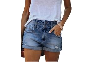 Bichingda Casual Denim Shorts for Women High Waist Frayed Hem Ripped Summer Jeans Short Hot Pants with Pockets