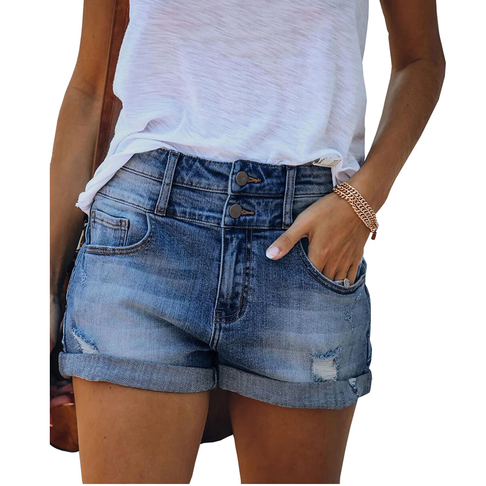 Photo 1 of Bichingda Casual Denim Shorts for Women High Waist Frayed Hem Ripped Summer Jeans Short Hot Pants with Pockets medium 