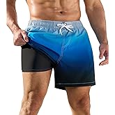 SILKWORLD Mens Swim Trunks 2 in 1 Quick Dry Bathing Suit with Compression Liner Beach Shorts with Zipper Pockets