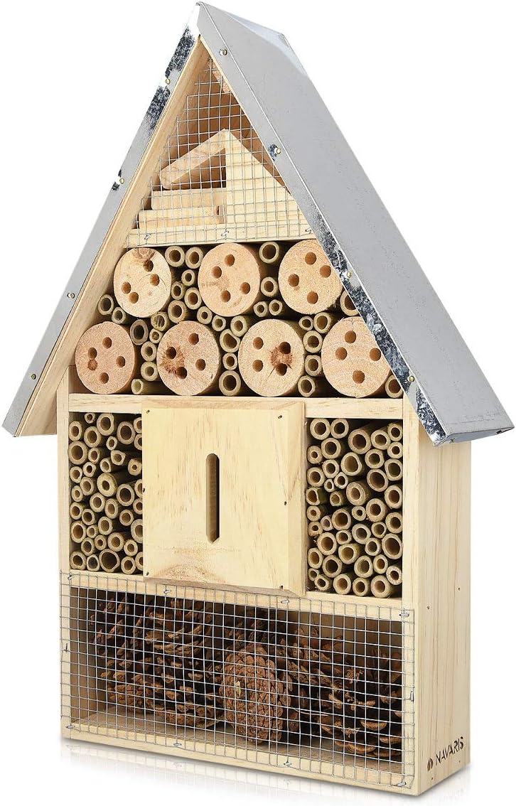 Navaris XL Wooden Insect Hotel - Natural Wood Habitat for Bees & Butterflies