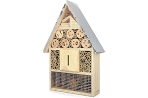 Navaris XL Wooden Insect Hotel - 9 x 16 x 3 Inches - Natural Wood Insect Home Bamboo Nesting Habitat - Garden Shelter for Bees, Butterflies, Ladybugs