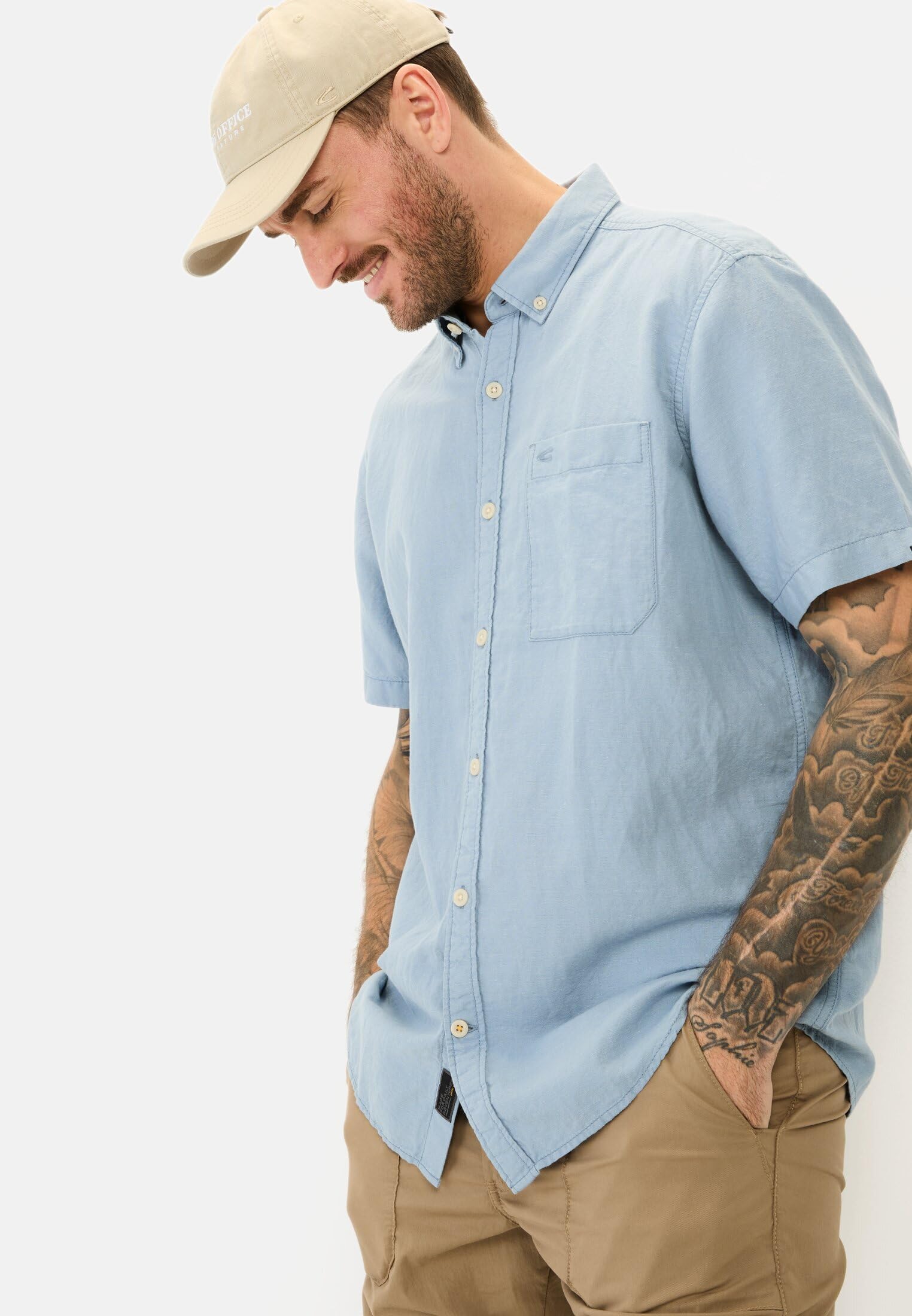 camel active Herren Kurzarmhemd aus einem Baumwoll-Leinenmix Hellblau, Menswear-S 5
