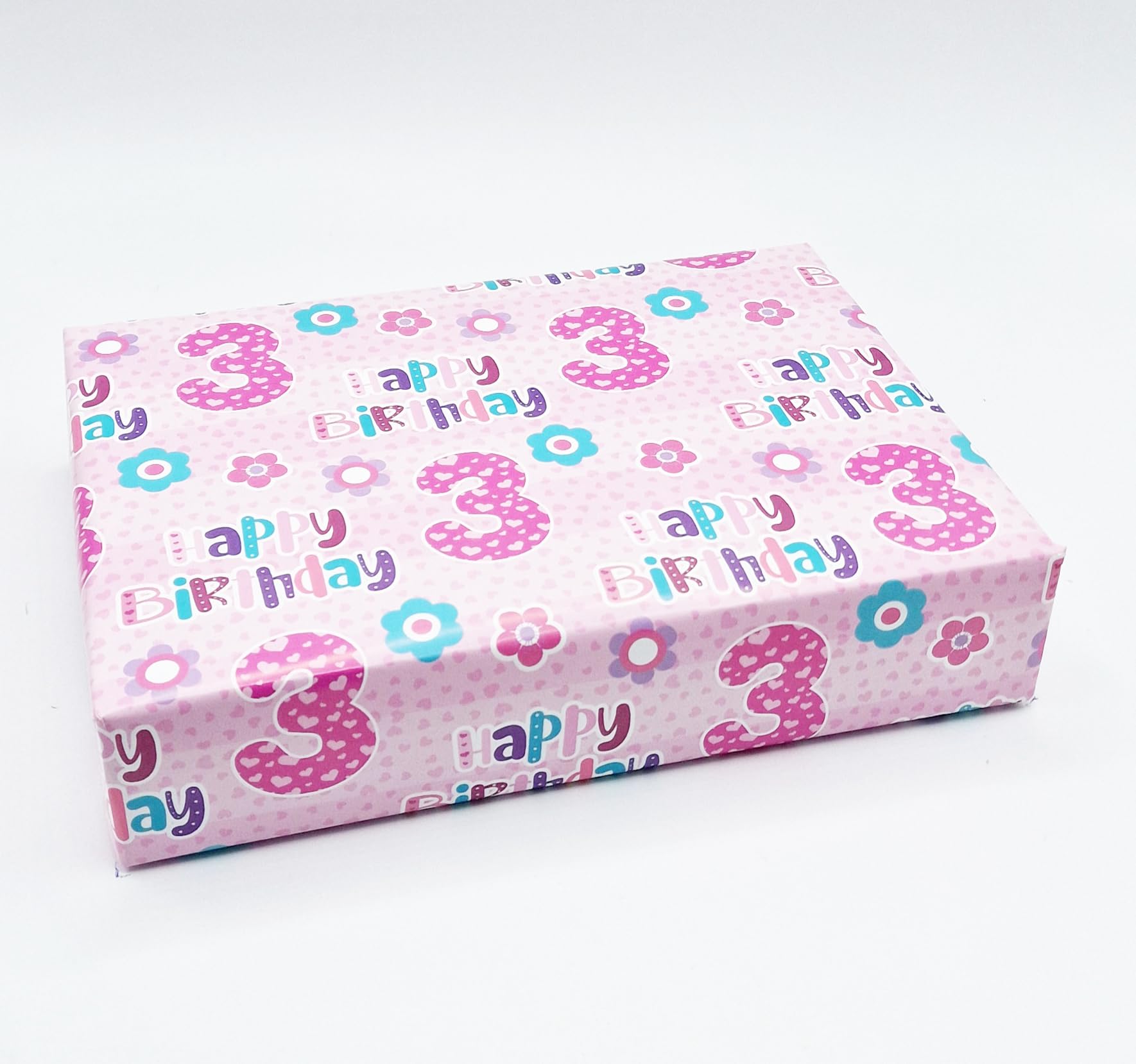 4 Sheets + 4 Gift Tags 3rd Birthday Girl Pink Wrapping Paper Age 3 Cute Birthday Giftwrap Pink (PA)