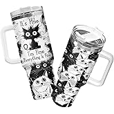 34HD Funny Black Cat 40oz Tumbler with Handle and Straw, Everything Is Fine Stainless Steel Vacuum Insulated Cup, Birthday & Mother's Day Gifts for Pet Lovers, Him Her and Mom