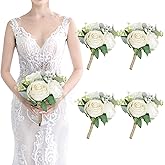 SEMONONIA Bridesmaid Bouquets - Set of 4 Ivory White Artificial Flowers Bouquet Wedding Rustic Small Floral Centerpieces for Marriage Proposal Party Anniversary Dining Table Decorations