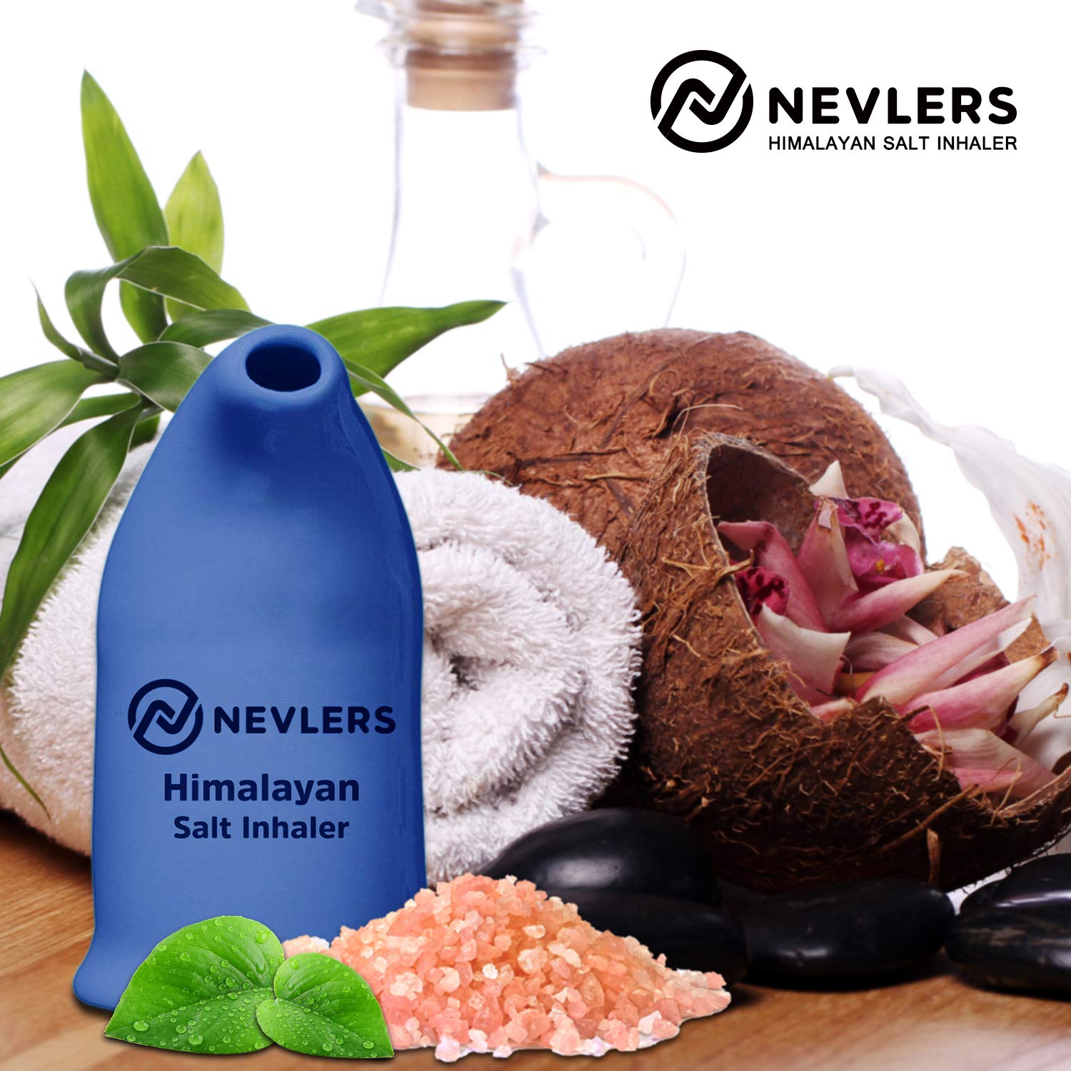 Nevlers Himalayan Salt Inhaler w/ 6 Oz Coarse Organic Himalayan Pink Salt |Cobalt Blue Ceramic Portable Salt Inhalers for Natural Asthma Relief |Homeopathic Inhalers for Breathing Problems for Adults