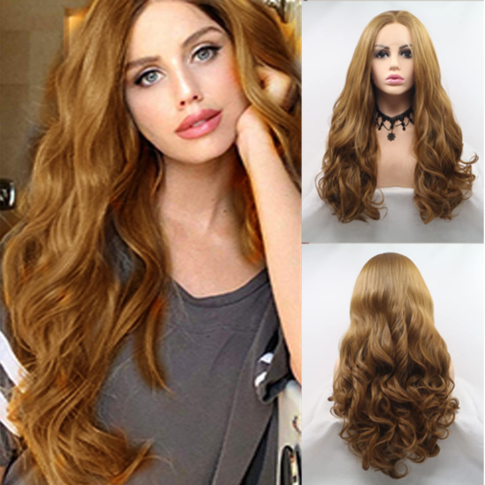 AFBeauty Lace Front Wig Real Hair Wig 24 inch Long Wavy Honey Blonde Middle Part Wigs for Women Strawberry Blonde Synthetic Lace Front Wig Pre-Plucked Hairline Baby Hair Glueless Daily Wear Cosplay — image 1