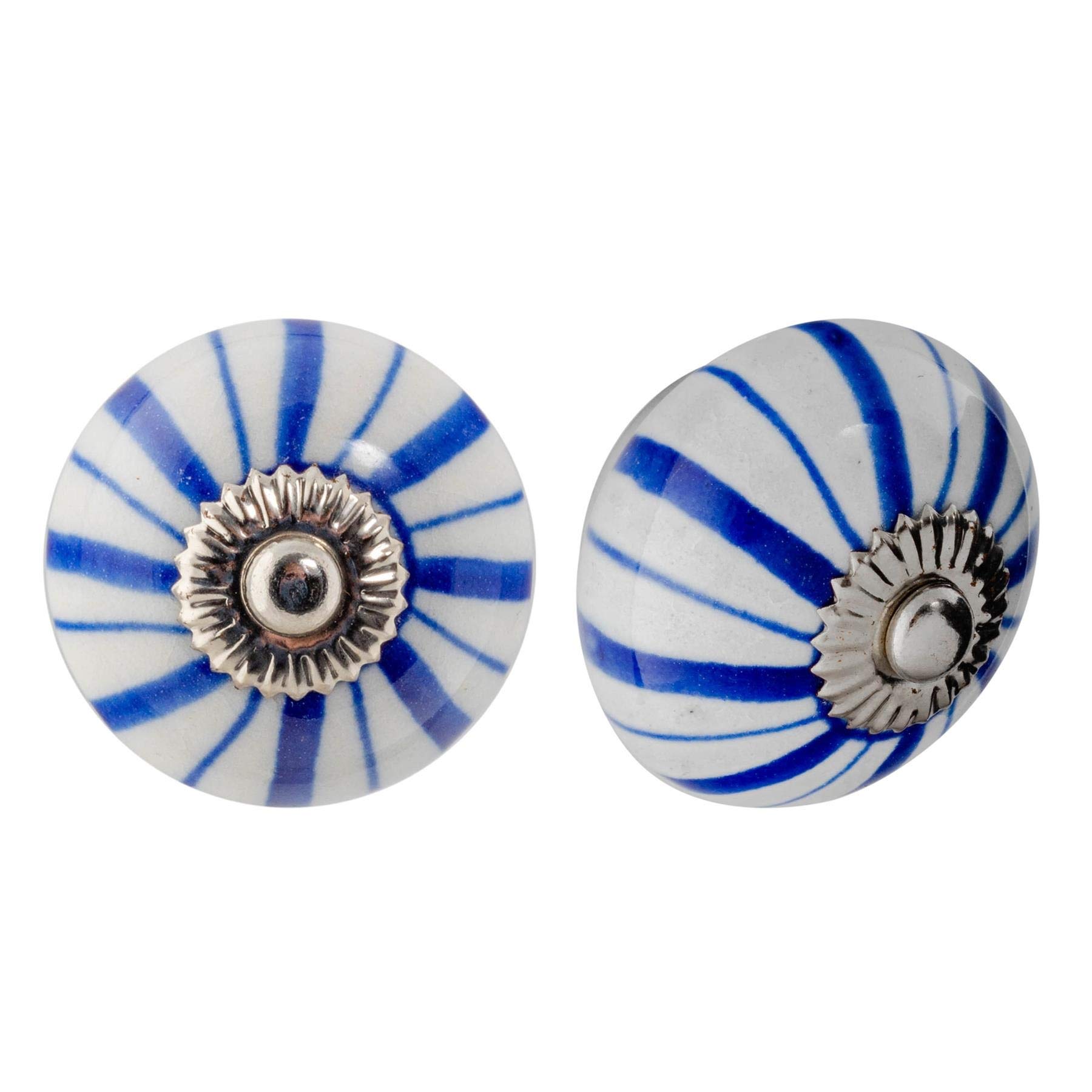 Nicola Spring Ceramic Cupboard Drawer Handle Knobs - Floral Design - Dark Blue Lines - Pack of 6