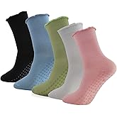 Okaeienen 5 Pairs Yoga Grip Socks Women, Non Slip Pilates Sock, 100% Cotton Ladies Mid-Calf Grippy Socks for Ballet