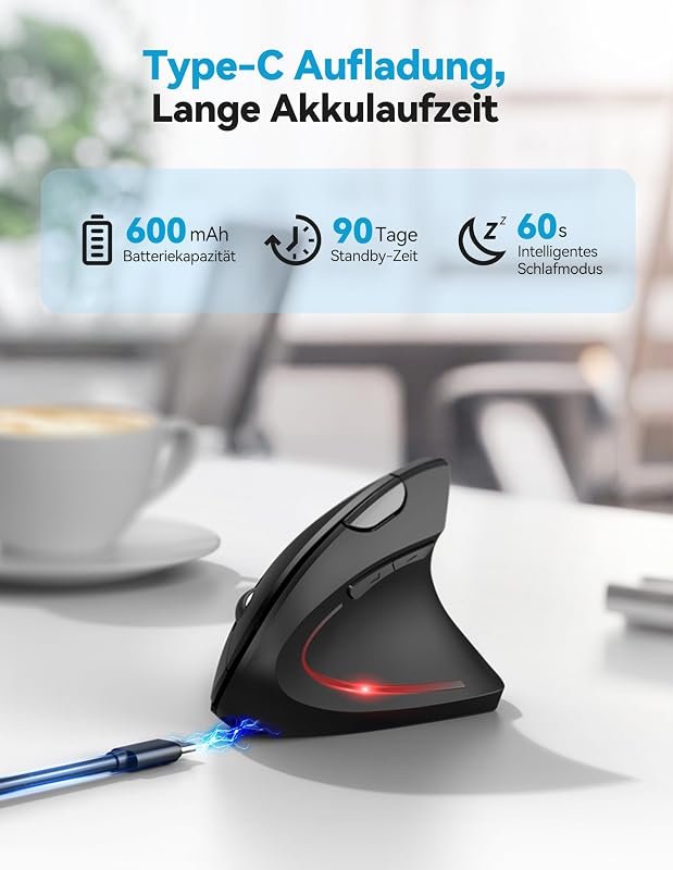 Ergonomische Bluetooth Maus, Wiederaufladbar Kabellose Vertikale Maus (BT 5.0/3.0 + 2.4G), 6 Einstellstufen bis 4800 DPI, Optische Leise Funkmaus mit USB-A-Empfänger, Breite Kompatibilität
