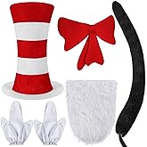 Fabllewavi 5 Pcs Cat Hat in Costume Accessories, Red White Striped Hat, Bow Tie, Gloves, Furry Scarf Fun Cat Character Outfit for Read Book Day Cosplay Supplies