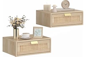HOMCOM Floating Bedside Tables Set of 2, Wall Mounted Nightstands with Rattan Drawer and Wood Effect, Boho Side End Tables fo