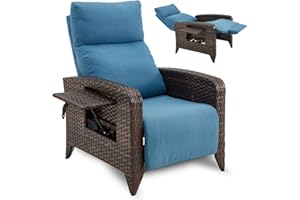 ZZW Upgraded Outdoor Recliner Chair, Reclining Patio Chairs with Adjustable Back up to 150°Lay Flat and Extended Footrest, Wicker Recliner Chairs with Flip Table and Removable Olefin Cushion