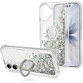 WORLDMOM for iPhone 17 Case,Bling Moving Liquid Floating Sparkle Colorful Glitter Waterfall TPU Protective Case with Rotation Ring Kickstand [6.3 inch 2025], Silver