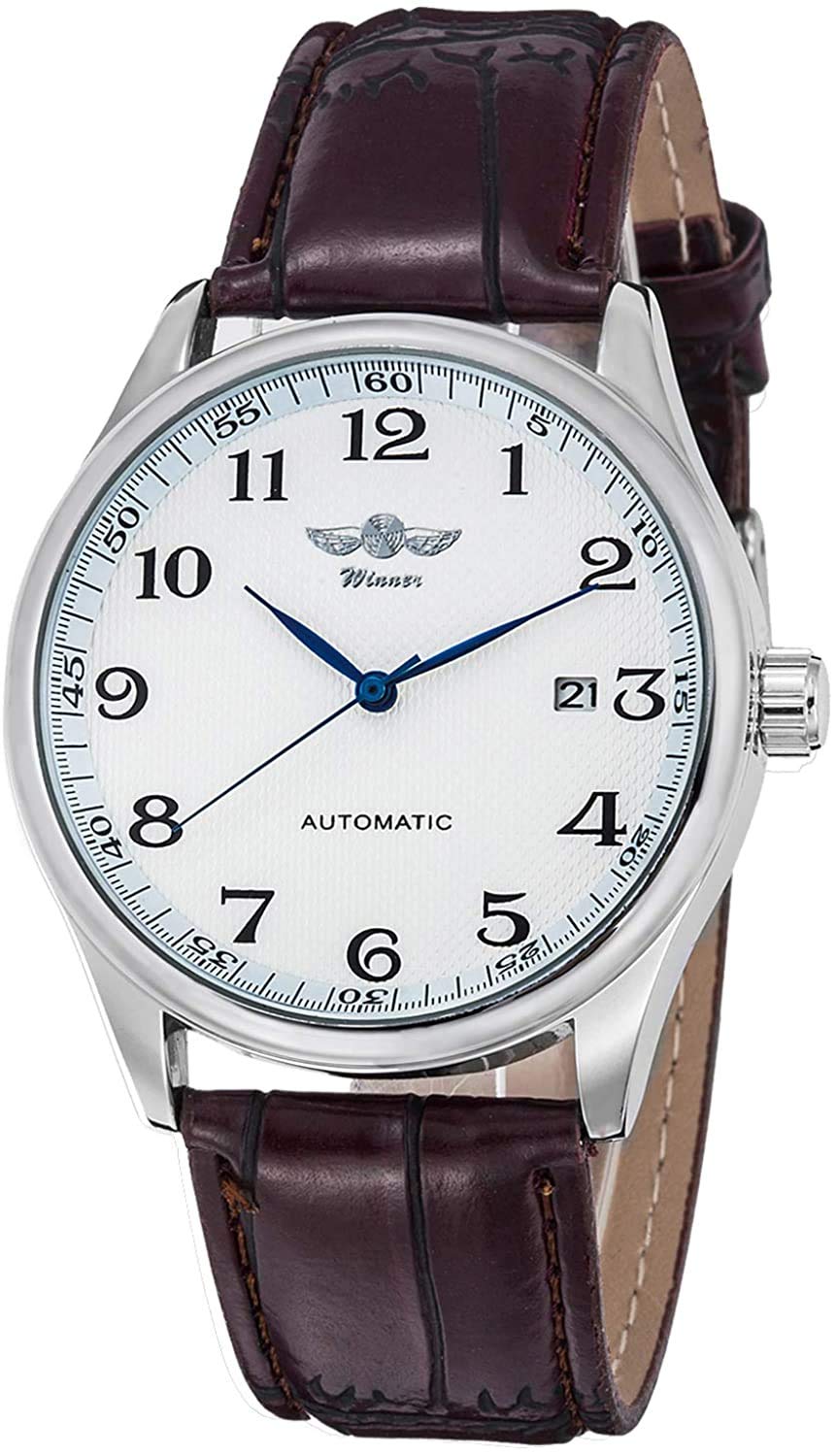 Gute Mens Watches,Mechanical Watch White Dial Blue Hands PU Band Self-Wind Men-Standard