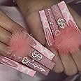 Nail Apparel Y2K Long Coffin Cute Kawaii Press on Nails 3D Cartoon Hot Pink Rabbite Black Pink Daisy Duck Glitter Rhinestone Heart Pearl Bow Flame Long Ballet Trapezoid Fake Nails 24Pcs (3D Pink Heart