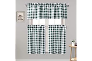 Hiasan 3 Piece Semi Sheer Kitchen Curtains Light Filtering Buffalo Checkered Tier and Valance Window Curtains Set, Forest Green, 60 W x 18 L (1 Panel) + 29 W x 36 L (2 Panels)