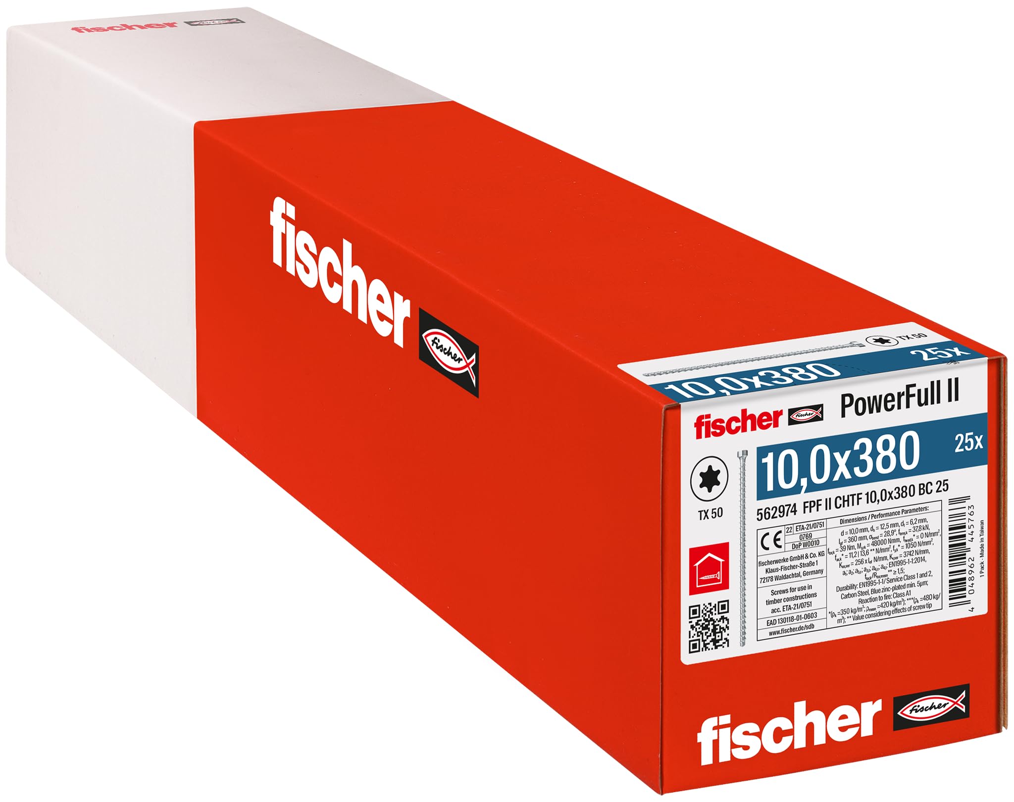 fischer PowerFull II 10.0 x 380 Premium Fully Threaded Screw (Pack of 25) with Innovative Tip Geometry, Steel Screw for Load-Bearing Wood Structures with Cylinder Head, Reduces Splitting Risk — image 1
