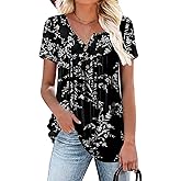 POPYOUNG Women's Summer Tops Short Sleeve Tunic Loose Fitting Henley Shirts Button Down Blouses