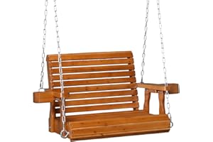 VINGLI Heavy Duty 440 LBS 1-Person Wooden Patio Porch Swing with Deeper Seat & Higher Backrest & Extra Cup Holder for Adults & Kids, Outdoor Single Porch Swing for Porch, Yard, Balcony, Tree (Brown)