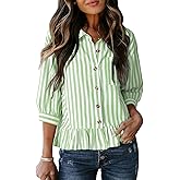 Dokotoo Cropped Button Down Striped Shirt 3/4 Length Sleeve Womens Tops Dressy Casual Blouses Babydoll Tops