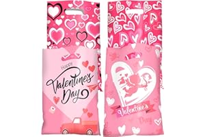 Jocomoni 100Pcs Valentine's Day Gift Bag Plastic Treat Bag with Handle Valentines Candy Bags Heart Goodie Bags for Valentine'