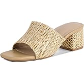 MeiLuSi Raffia Heeled Sandals for Women Chunky Block Heeled Mules Square Open Toe Summer Heels Vacation Dressy Shoes Beach Slides Slip On