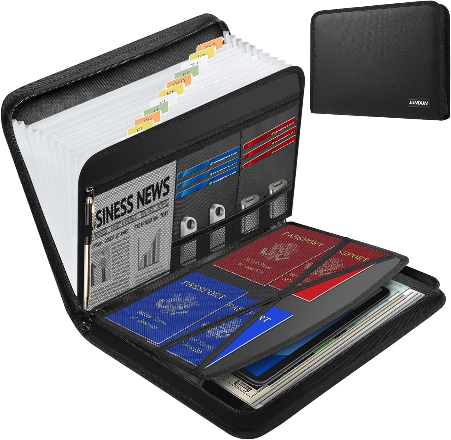 JUNDUN Fireproof Document Organiser - 13 Pockets Expanding File Folder with Zipper & Labels - Portable Waterproof File Organiser with Multi-Pockets Folder for A4 Documents | Receipt and More(Black)