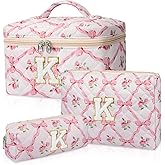 Junesters Personalized Initial Makeup Bag Set, Quilted Makeup Bag, Large Floral Cosmetic Bag for Women, Cute Cotton Custom Make up Bags, Flower Travel Toiletry Bag Teen Girl Gift Trendy Stuff Gift K