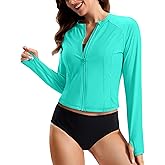 SANTINY Cropped Rash Guard Women Swimsuits with Zipper Pockets UPF50+ Sun Protection Long Sleeve Swim Shirt Crop Tops