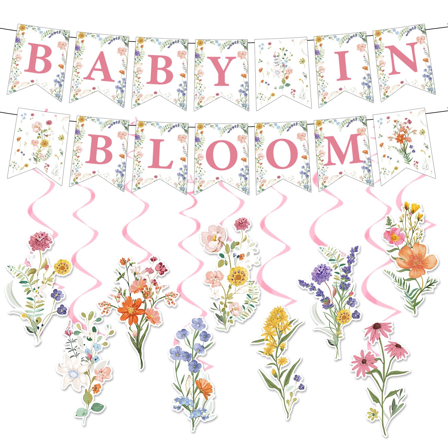 Rngmsi Baby in Bloom Baby Shower Decorations, Floral Banners Hanging Swirls Wildflowers Theme Baby Shower Decor for Girls