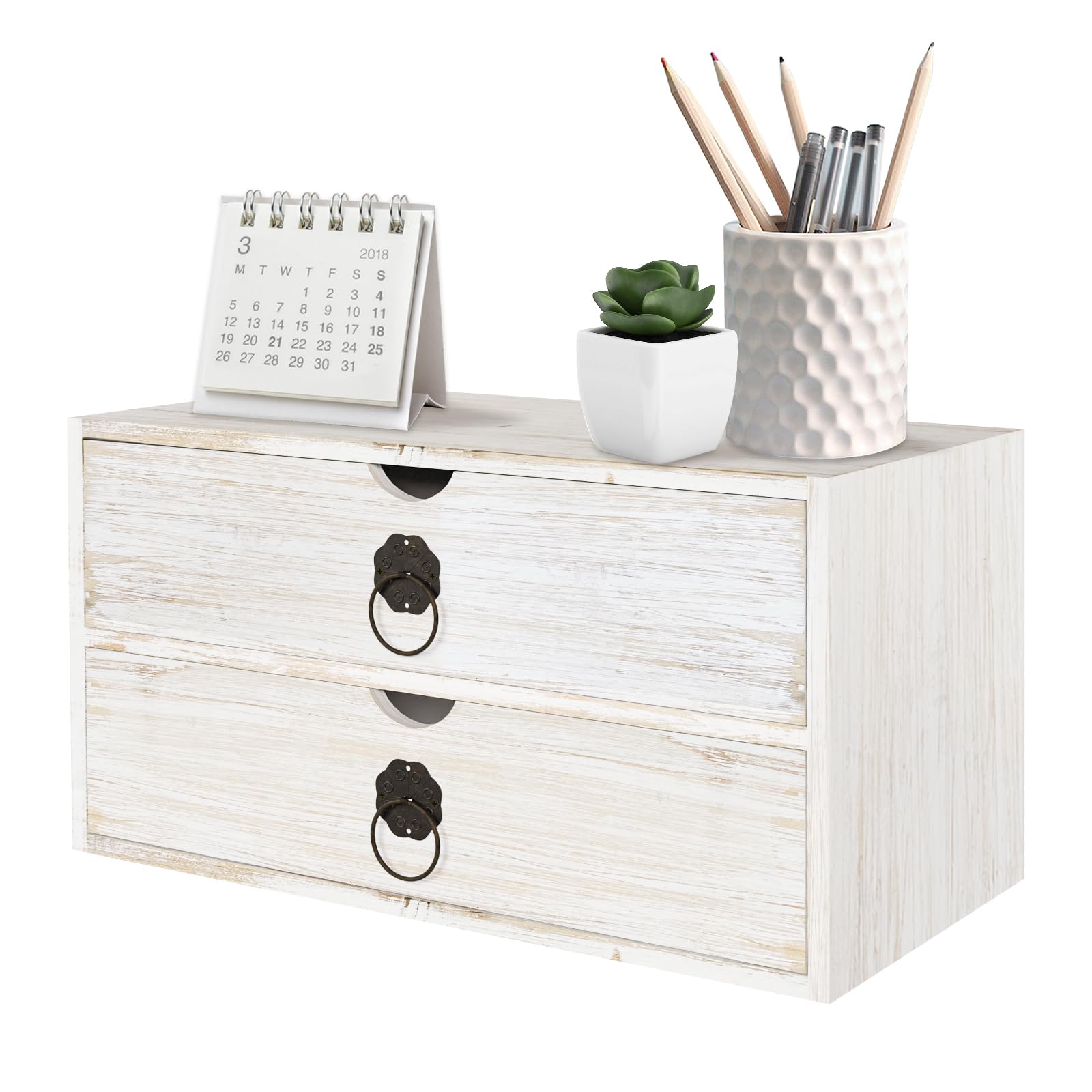 Photo 1 of SeekElegant Wood Desk Organizer, White Wooden Desktop Organizer with Drawer, Tabletop Storage Organization Box for Countertop, Home Office Supplies, Bills (2 Drawer)