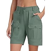 MoFiz Women's Cotton Bermuda Cargo Shorts 7" Casual Summer Elastic Waist Hiking Shorts with 6 Pockets