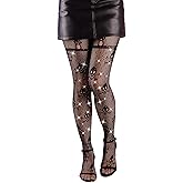Olbye Black Fishnet Stockings Skull Tights Rhinestone Spiderweb Thigh High Waist Leggings Halloween Goth Tights for Women