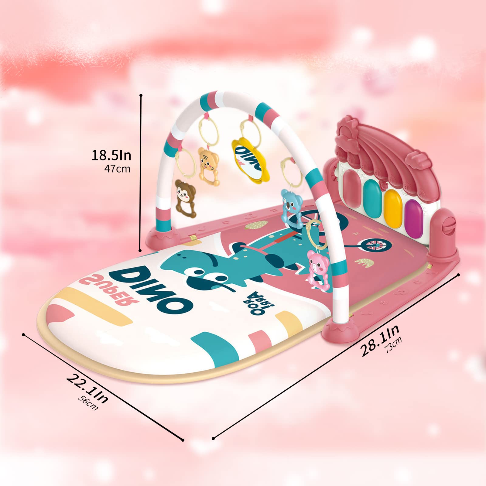 dearlomum Play Mat & Activity Gym, Piano Tummy Time Gym Mat with 5 Infant Sensory Toys, Music and Lights, Gifts for Newborns 0–12 Months (Pink)