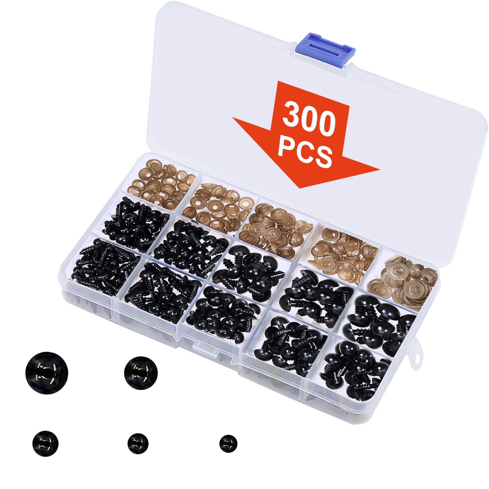 Safety Eyes with Washers, 150Pcs Small Doll Eyes Craft Toy Eyes Teddy Bear Eyes 6mm/8mm/9mm/10mm/12mm, Black Plastic Safety Eyes for Soft Toy Making/Knitted Toys/DIY Craft Dolls Plush Animals