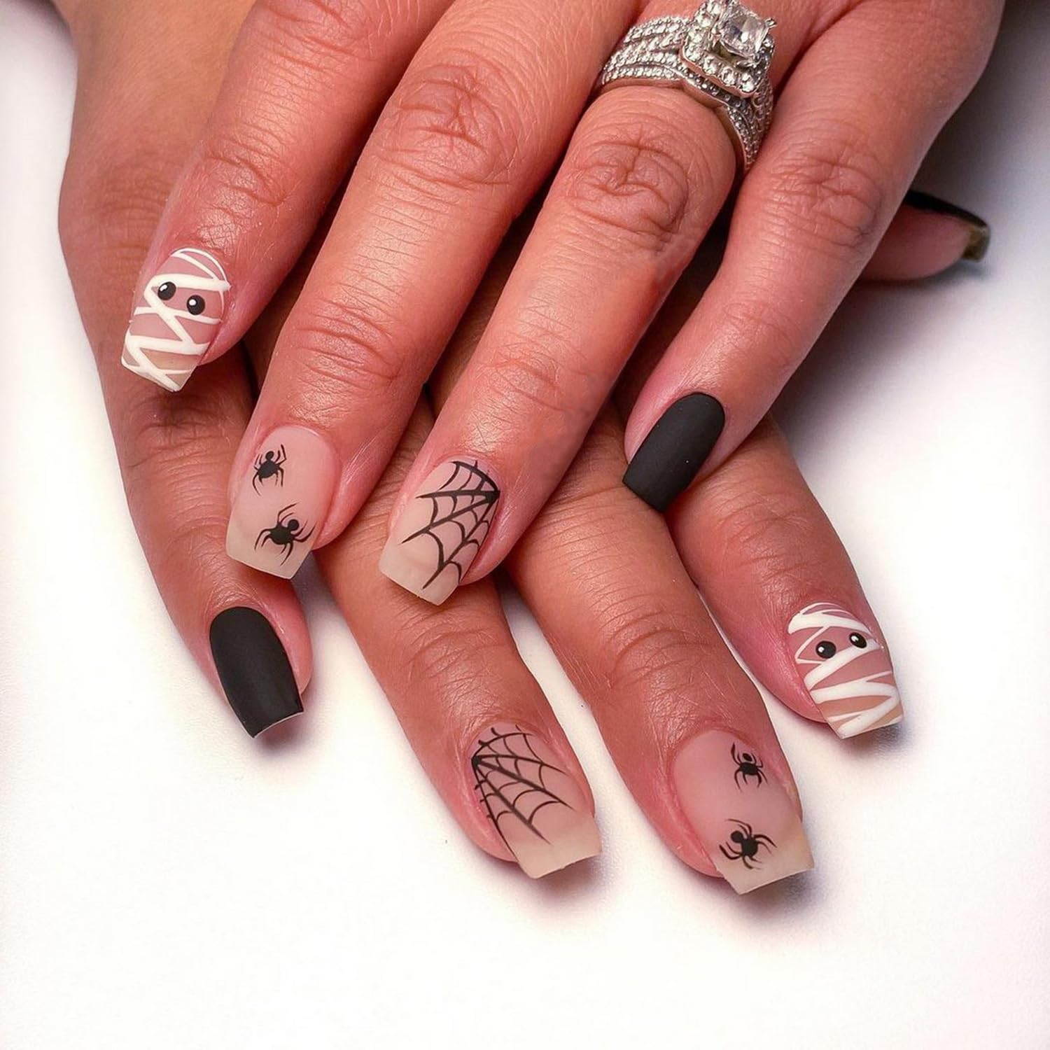 Photo 1 of 24pcs Black Halloween Press on Nail Short Square Fake Nails with Spiders Web False Nails Design Acrylic Glue Nails Stick on Nail Cute Artificial Nail for Women Party