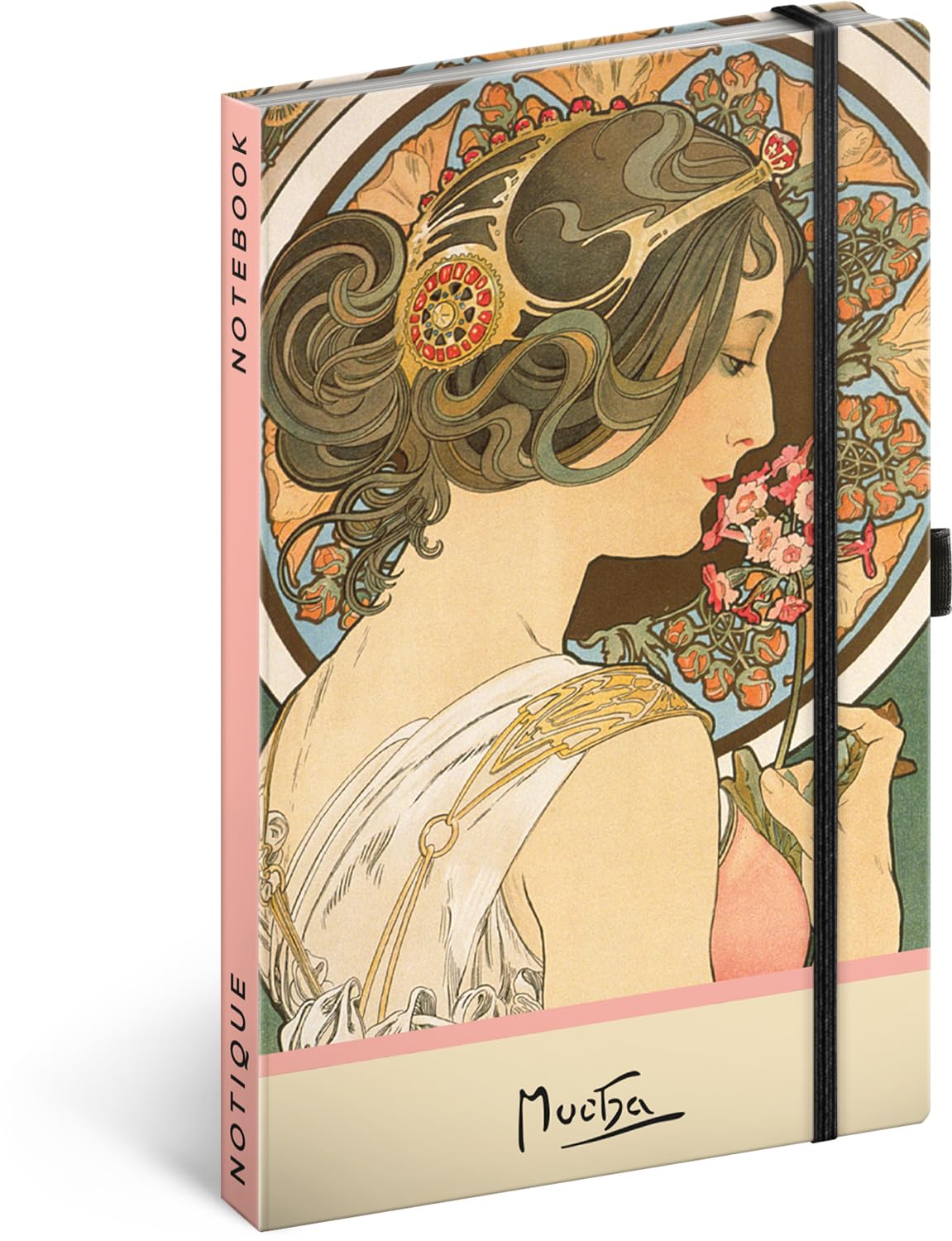 NOTIQUE Polka Dot Notebook with Elastic Band, 13 x 21 cm, Approx. A5, Designer Hardcover Notebook Dotted, Notepad, Journal, Diary for Adults, Women (Alphonse Mucha Keyflower)