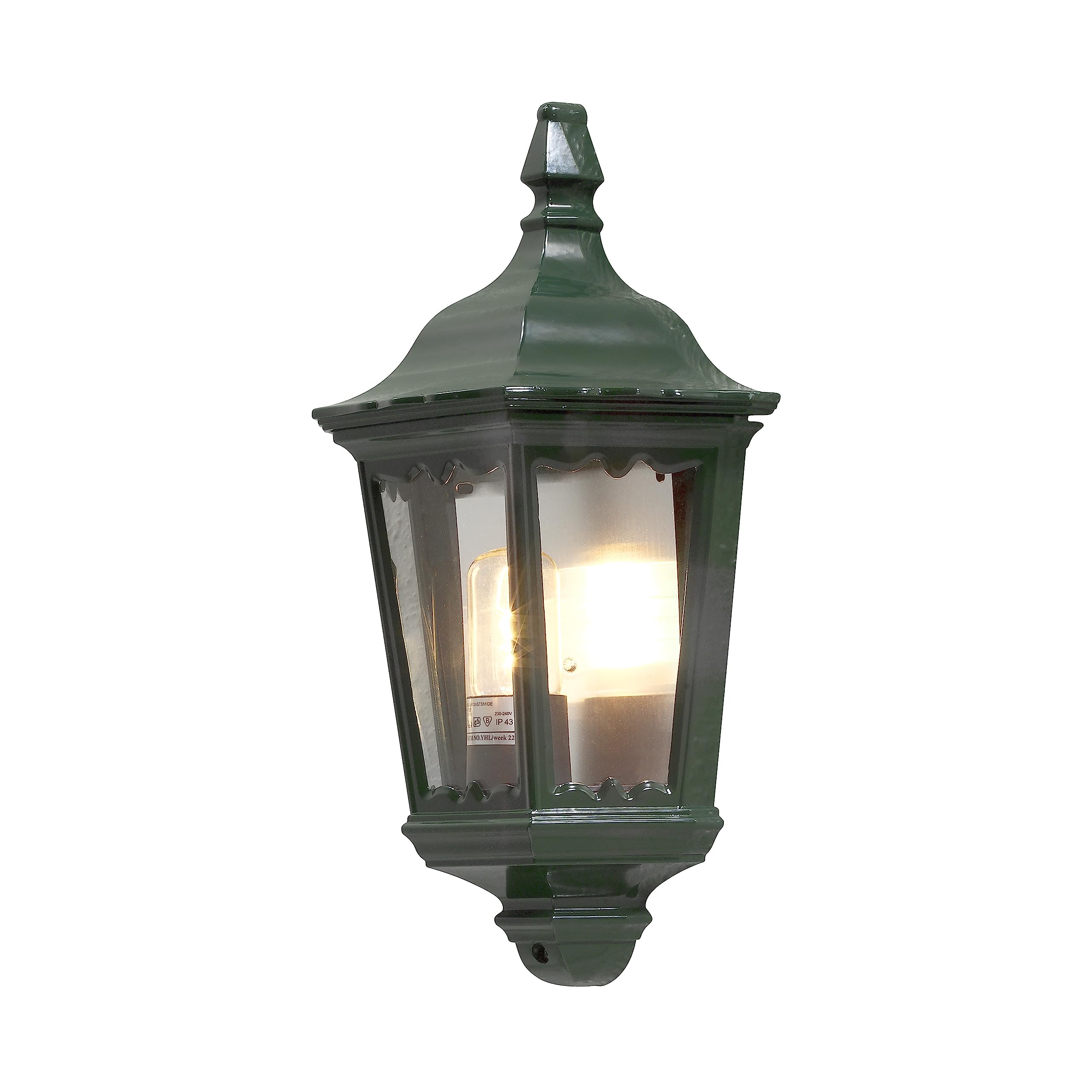 Konstsmide Outdoor Wall Light Mains Powered/Firenze Flush Traditional Half Lantern/1 x 100 W E27 Max Lamp/Clear Glass/Aluminium/IP43/Outside Light Green