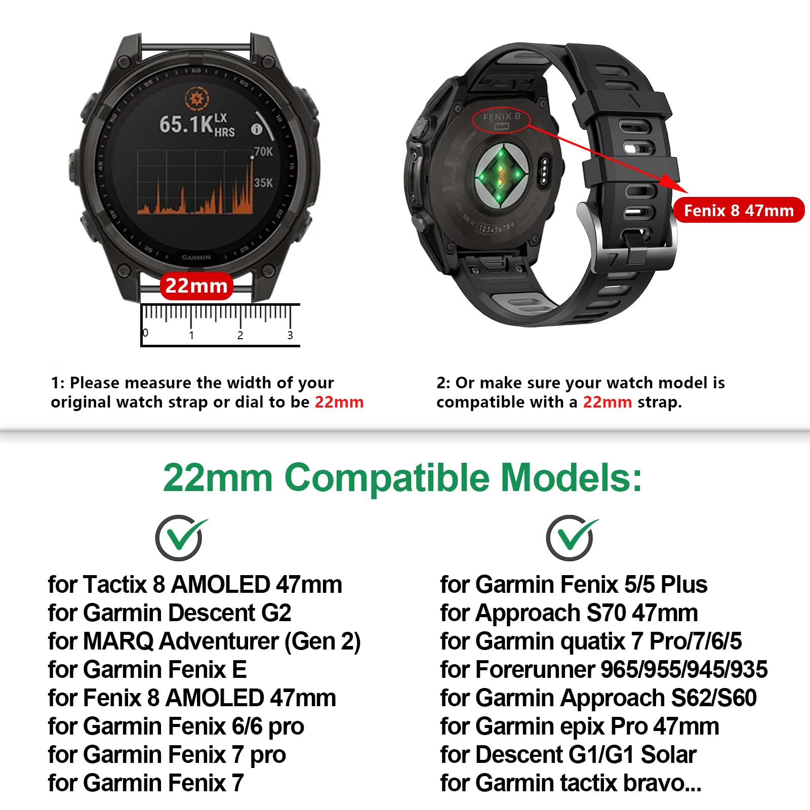 EZMVZKU 22mm Quickfit Sport Band for Garmin Fenix 8 47mm/Fenix 7/7 Pro/6/6 Pro/5 Plus,Silicone Watchband Strap for Forerunner 965 955/Approach S62/S70/tactix 8 47mm/Descent G2/MARQ Adventurer (Gen 2)