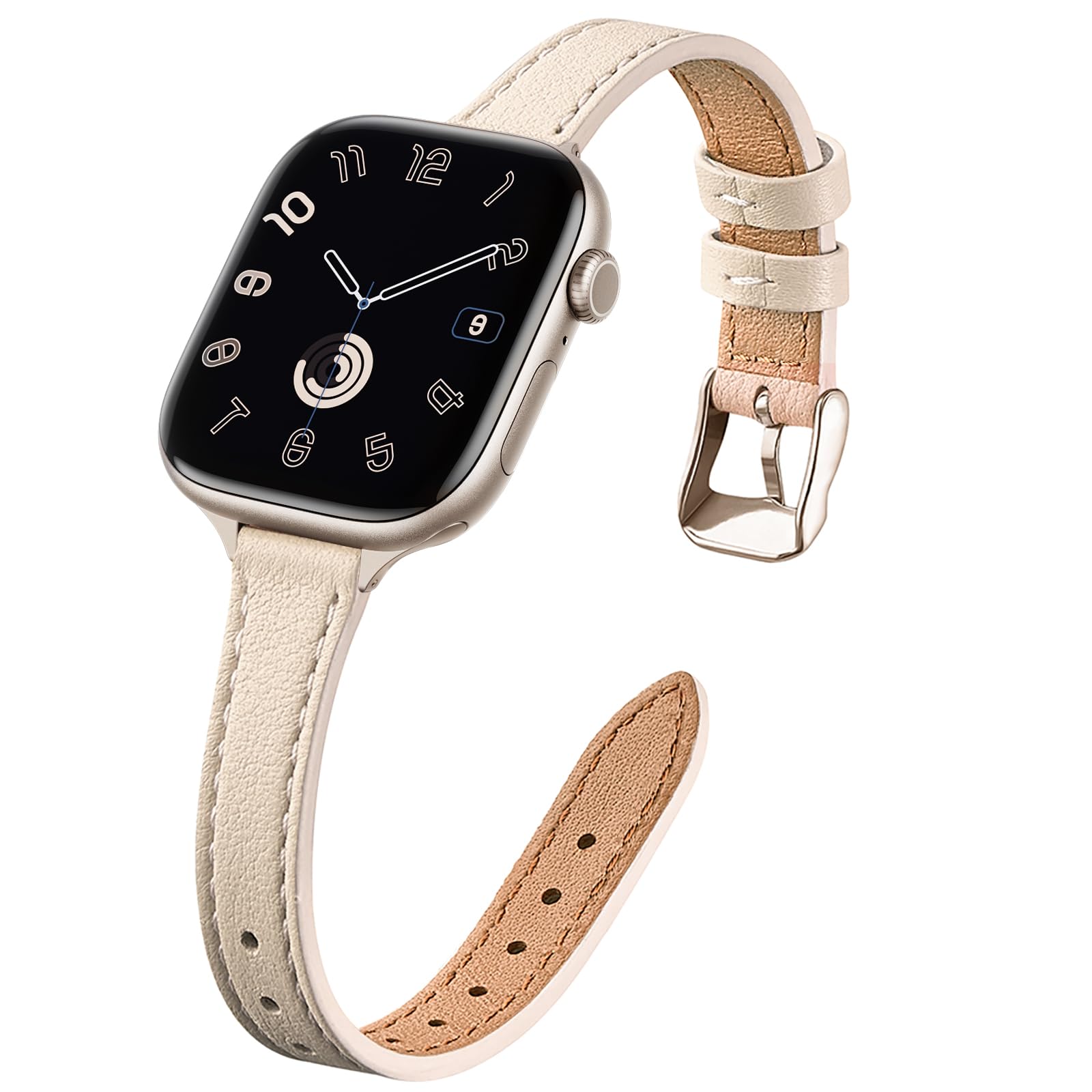 Photo 1 of STIROLL Slim Leather Bands Compatible with Apple Watch Band 49mm 46mm 45mm 44mm 42mm(Series 3 2 1) Women, Top Grain Leather Strap Thin Wristband for iWatch SE Series 10 9 8 7 6 5 4,Beige Starlight