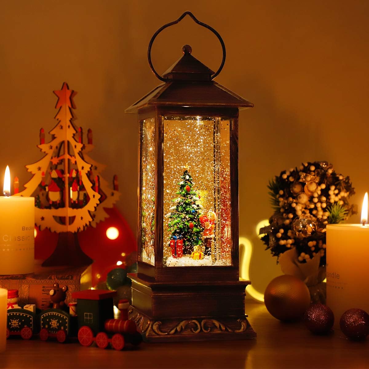Snow Globes - Christmas Decorations Christmas Snow Globe Lantern, Glittering Water Lantern with Music USB and Battery Operated Singing Snow Globe Xmas Festival Decoration Gifts (Christmas Tree)