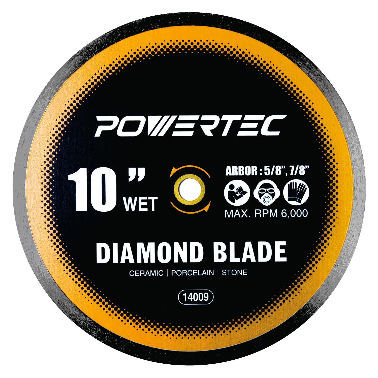 Photo 1 of POWERTEC 10" Continuous Rim Diamond Saw Blade for Wet Tile Saw, Diamond Blade for Cutting Ceramic, Porcelain, Natural Stone Tile, Wet Cutting Only 10 inch Diamond Blades, 1 Pack (14009)
