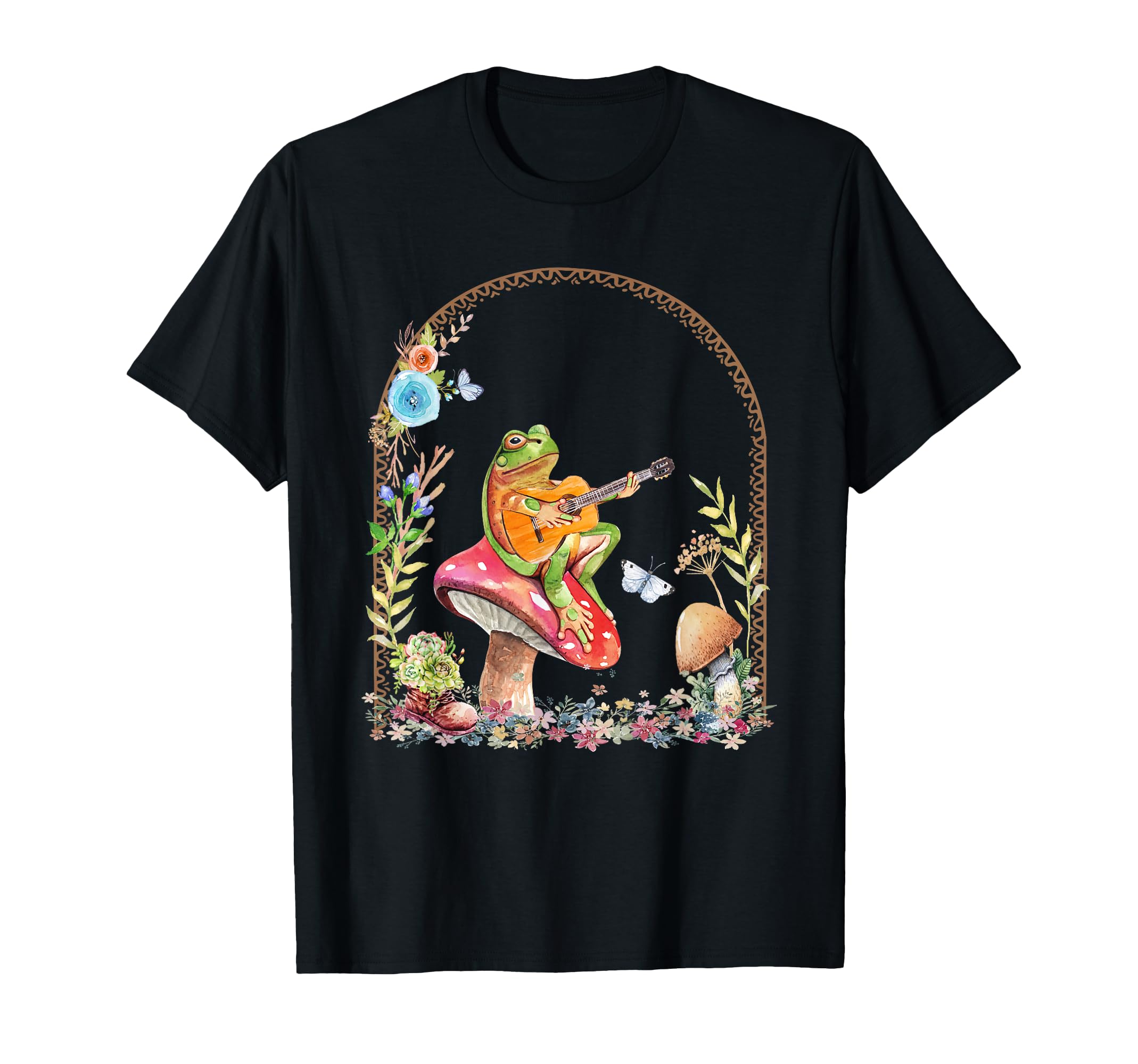 Cottagecore Kawaii Aesthetic Frog Playing Guitar Mushroom T-Shirt